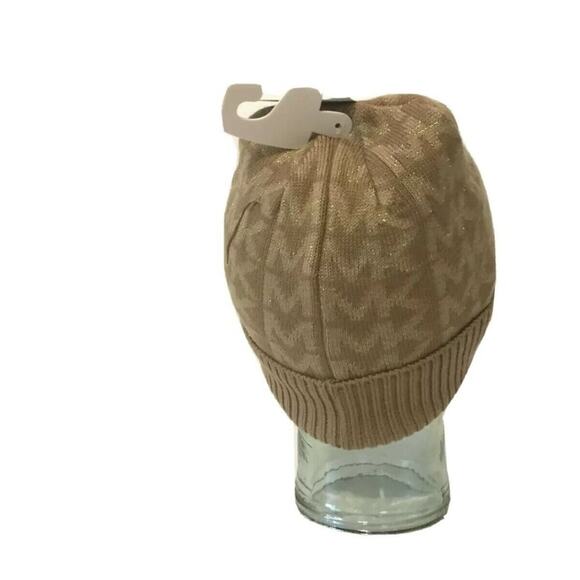 Michael Kors NEW Linear Monogram Logo Metalic Beanie Gold Winter One Size - Picture 4 of 8